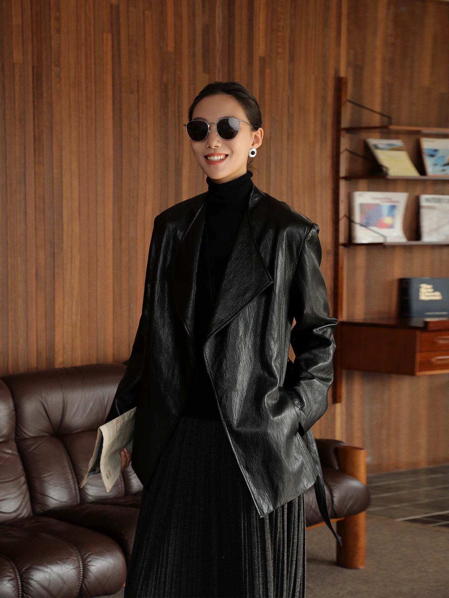 

Eco-Friendly PU Leather Windbreaker Jaet Women's Belted Slimming Midi Coat Sli Stand Collar Commute Faion Outerwear