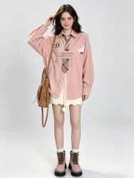 Women Pink Patchwork Shirts and Blouses Korean 2000s Harajuku 90s Vintage Elegant Streetwear Long Sleeve Two-tone Shirt Clothes