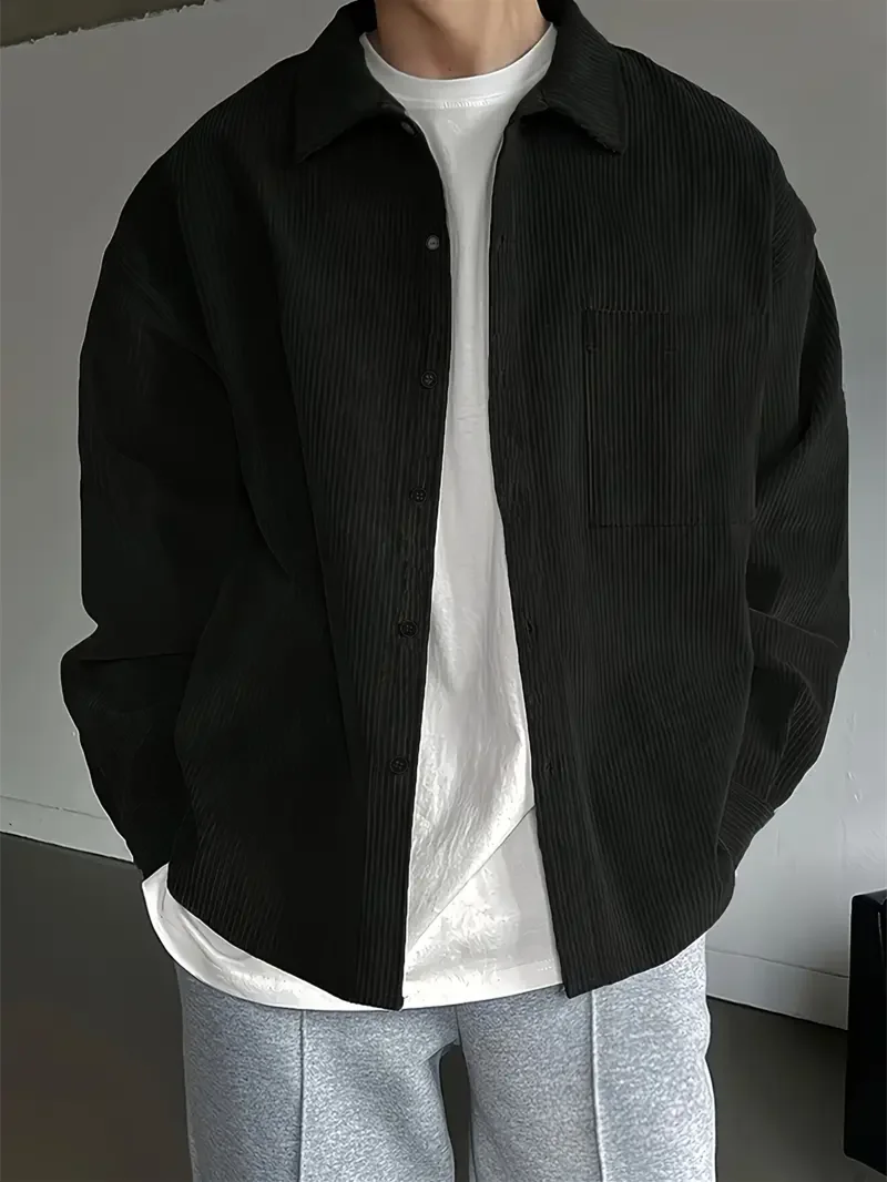 

Мужская рубашка-куртка оверсайз из вельвета на пуговицах с длинным рукавом и карманами для повседневной носки