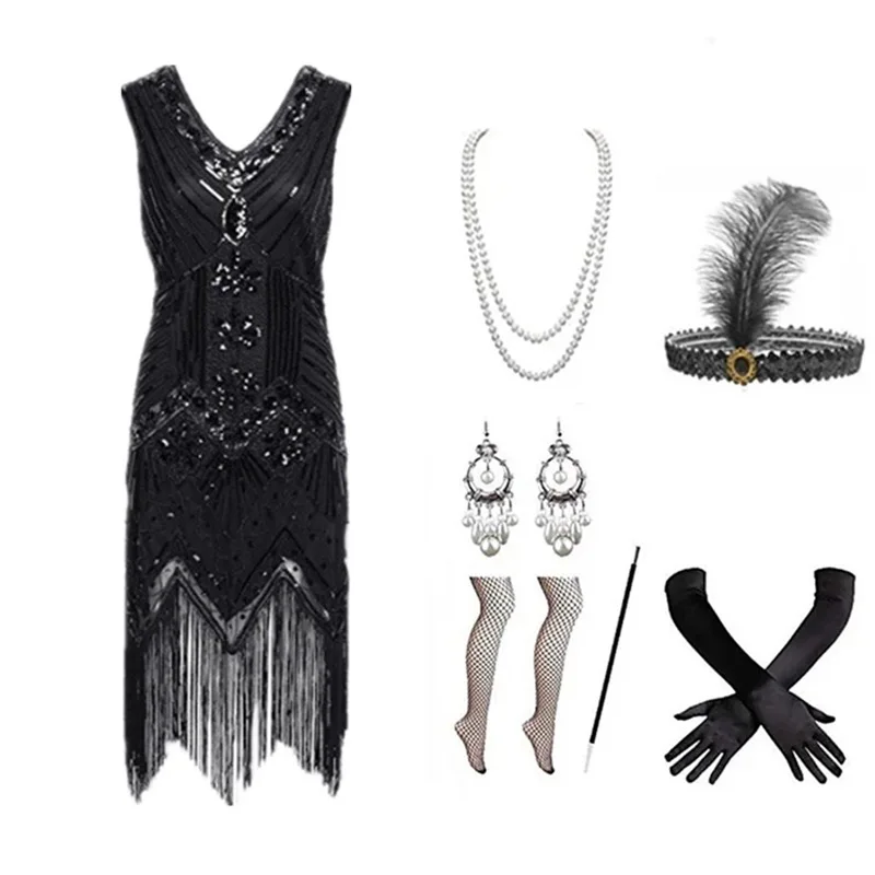 Conjunto de Vestido Flapper de los Años 20 para Mujer, Vestido Retro con Lentejuelas y Flecos, Diadema de Plumas, Guantes, Accesorios de Perlas, Disfraz para Fiesta de Halloween