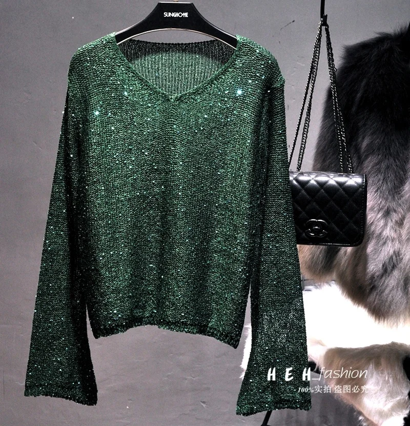 Women Clothes Korean Fashion Knitted Sweater Pullover Sequins Glittering Hollow-out Sweater Sleeve V-neck Horn