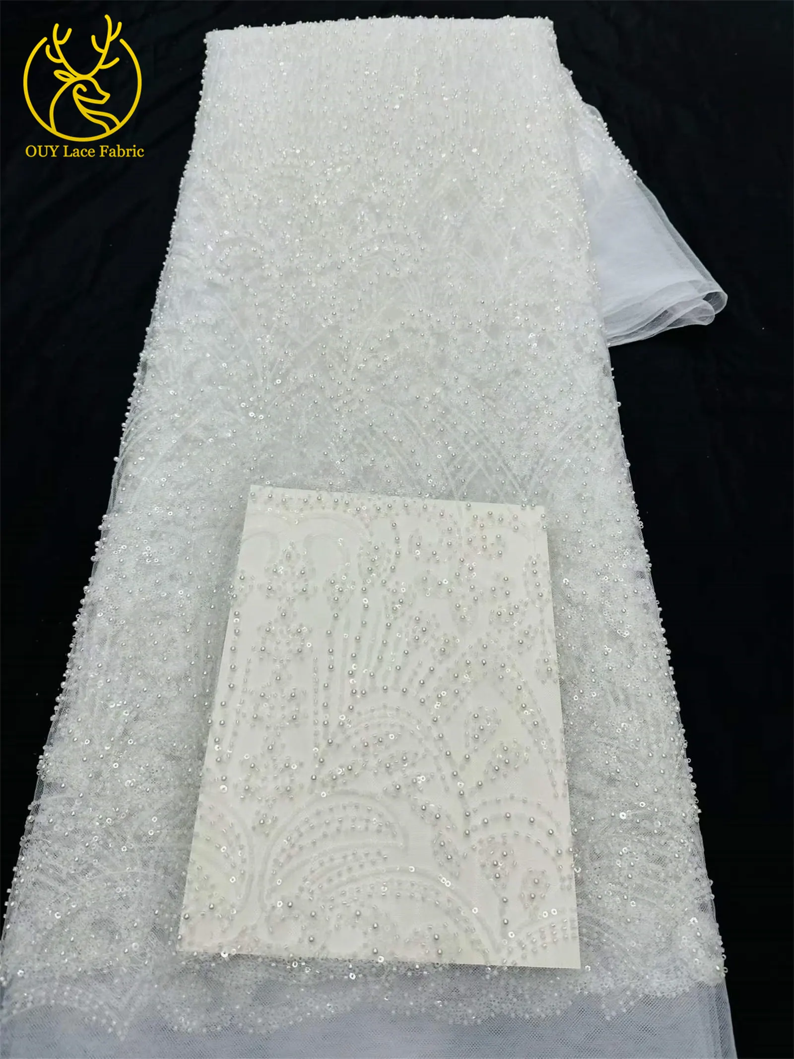 Goldener Luxus-Spitzenstoff mit Perlen und Pailletten, 5 Yards, afrikanischer Spitzenstoff, hochwertiger nigerianischer Netzspitzenstoff für Partykleider und Näharbeiten – Detail 18