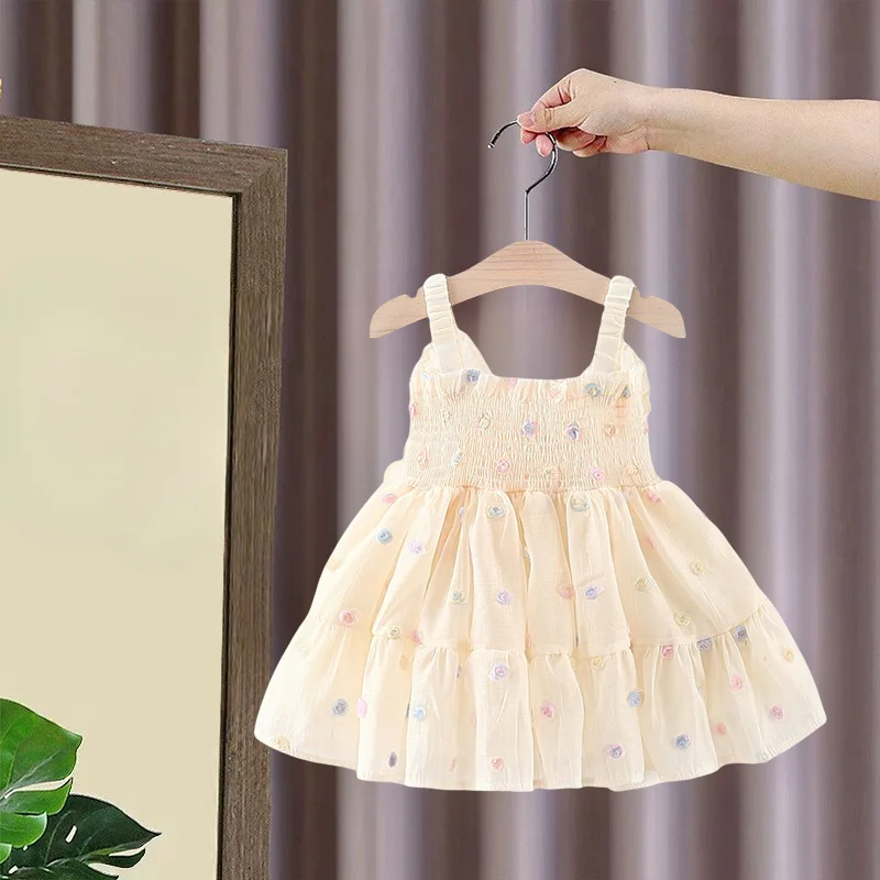 

Summer New Girl Baby Dress Embroidered Polka Dot Back Bow Sweet Princess Strap Sleeveless Dress
