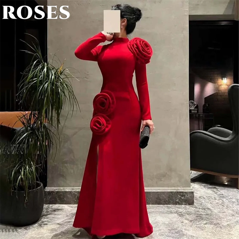

ROSES Red Stain Trumpet Formal Dress High Collar Evening Party Dresses Saudi Arabia Special Occasion Dress for Women Customized