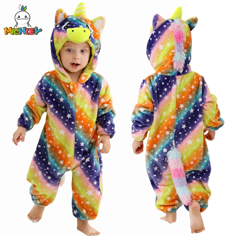 

MICHLEY Dinosaur Baby Rompers Winter Hooded Flannel Toddler Infant Clothes Overall Bodysuits Jumpsuit Costume For Kids Halloween