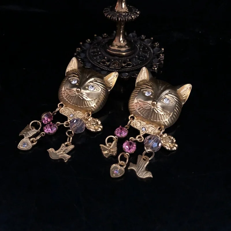 Heavy Industry Earrings Cute Cat Head Tassel Design Earrings925Silver Stud Earrings Ear Clip Graceful Earrings