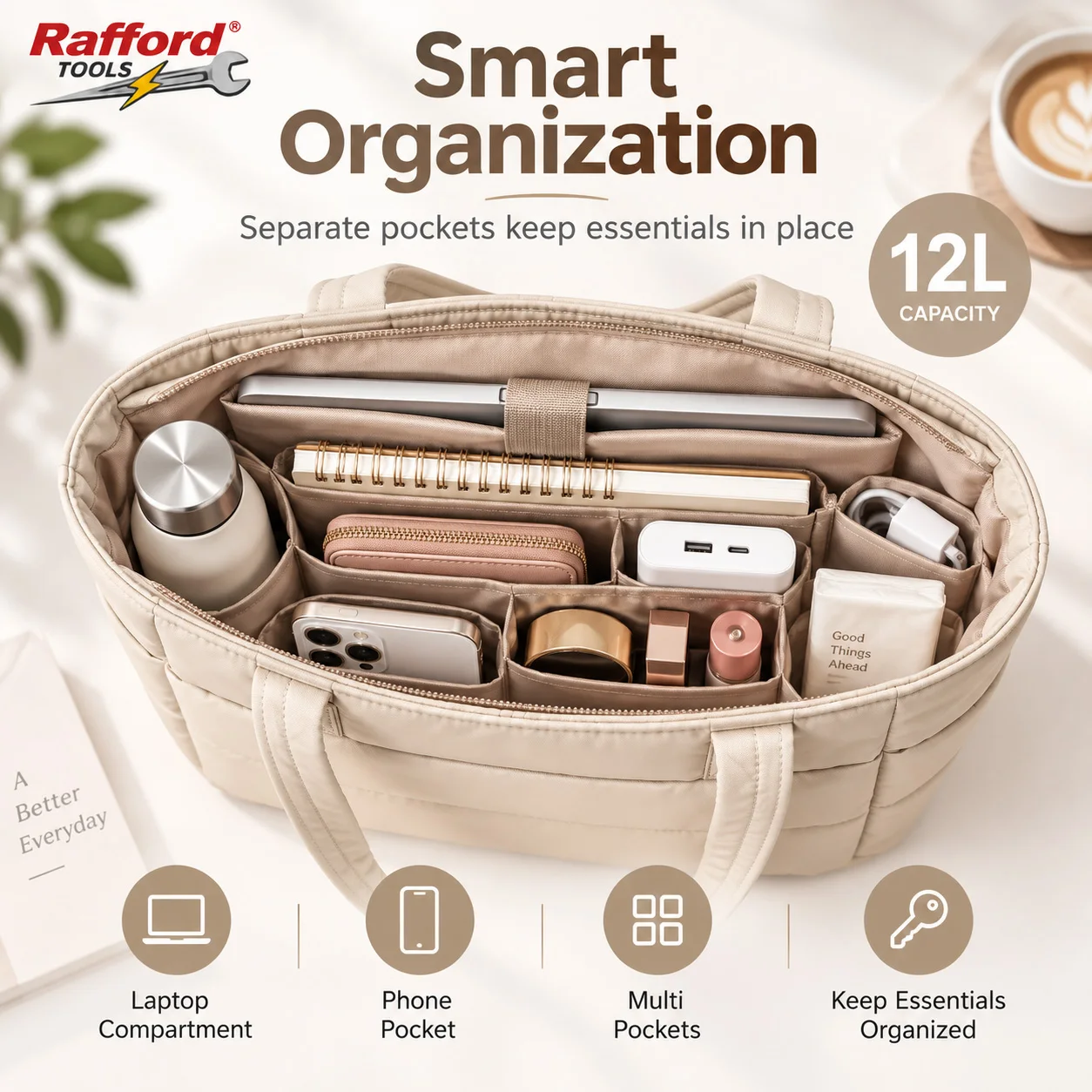Rafford Quilted Tote Bag for Women Large Capacity Shoulder Handbag Lightweight Padded Shopper Bag for Work Travel Daily Use