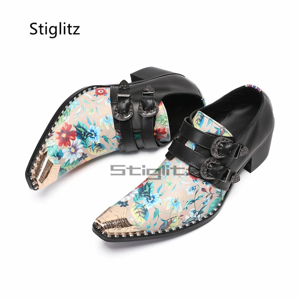 Men's Floral Prints Double Buckle Leather Shoes Gold Metal Toe Cowhide High Heel Loafers British Style Formal Dress Shoes