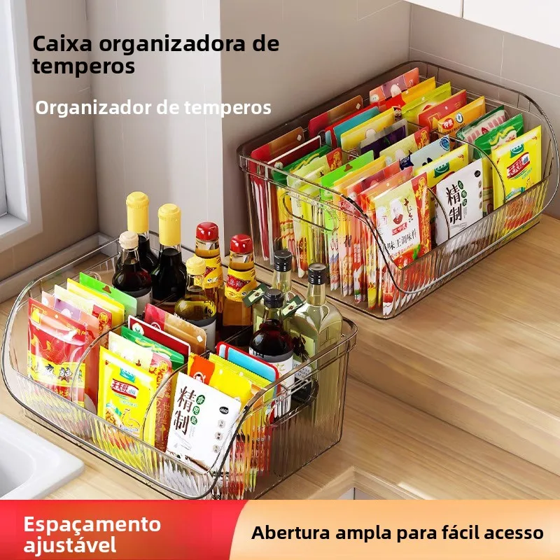 Organizador de Bancada Multifuncional para Cozinha: Suporte para Garrafas de Sal e Temperos com Divisórias e Caixa de Armazen...