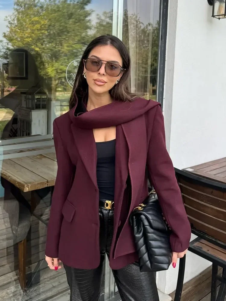 Fashion Woolen Blends Suit Jacket Scarf Collar Women Full Sleeve Lapel Single Breasted Loose Coat Casual Highstreet Outerwear