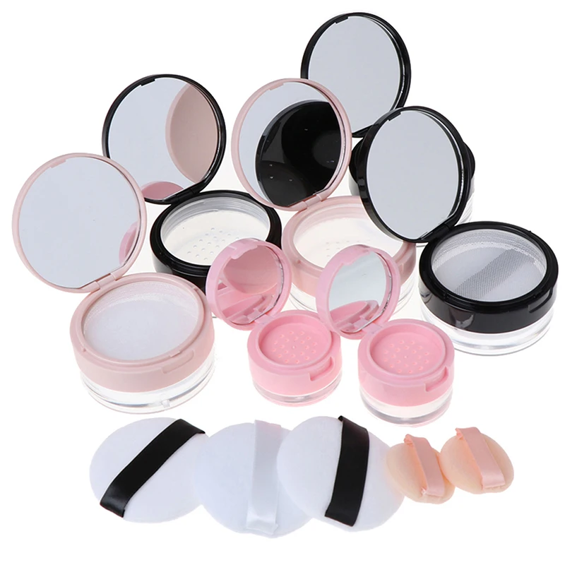 Portable Plastic Powder Box Empty Loose Powder Pot With Sieve Mirror Cosmetic Sifter Loose Jar Travel Makeup Container
