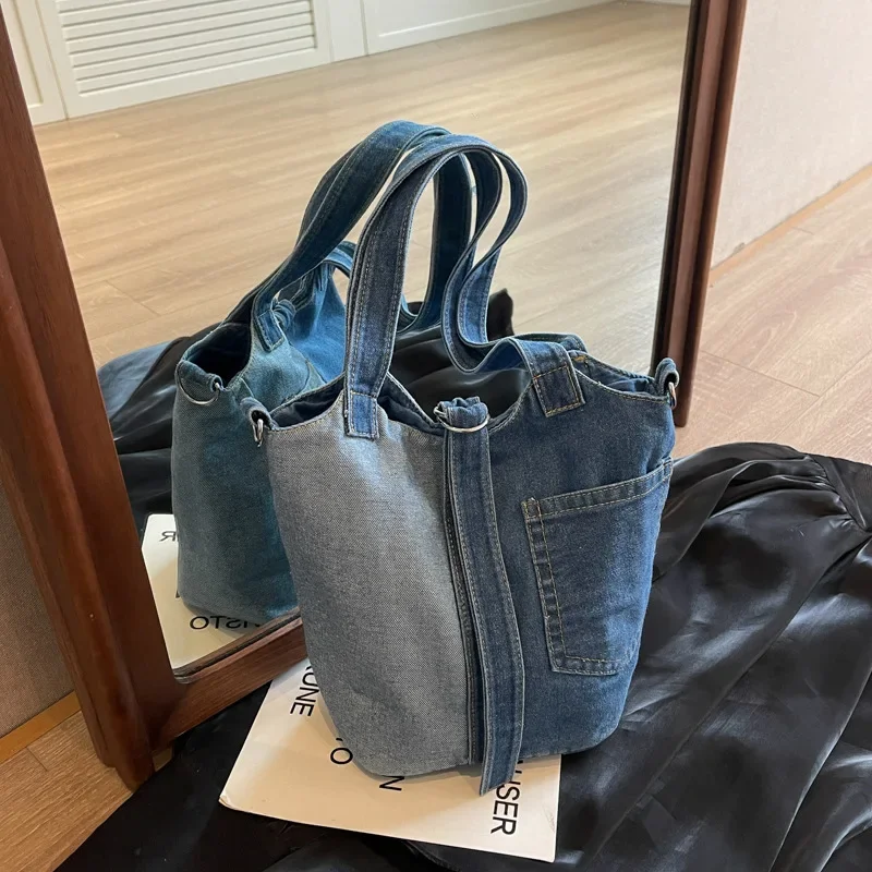 Colorblock Patchwork Crossbody Bag Washed Denim Fabric Shoulder Bucket Bags For Women 2025 Designer Handbags Large Capacity Tote