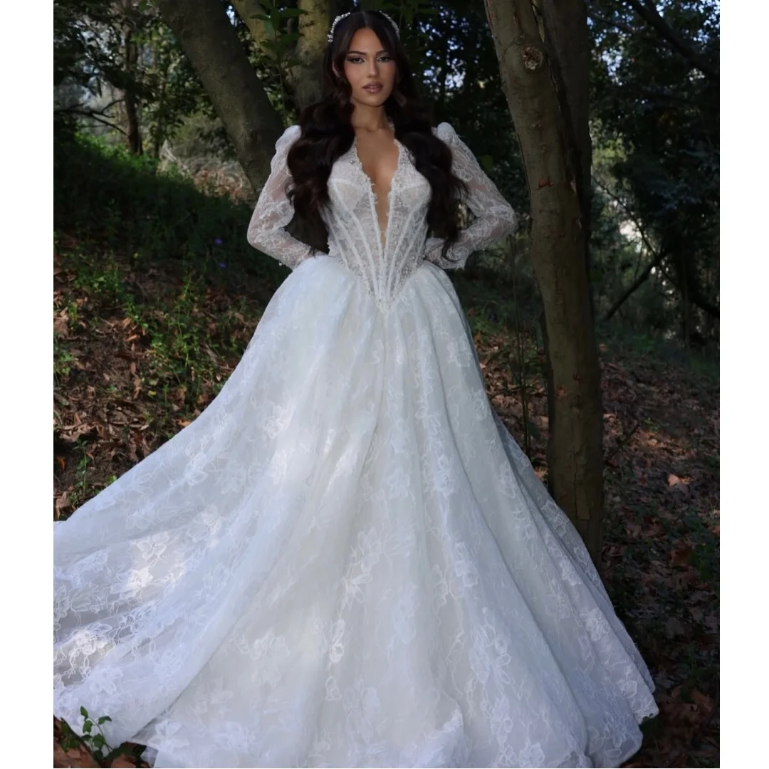 White Lace Wedding Dresses Bustier Corset V Neck Long Sleeves Bridal Gown Ruched Skirt Elegant robe de mariée Customized