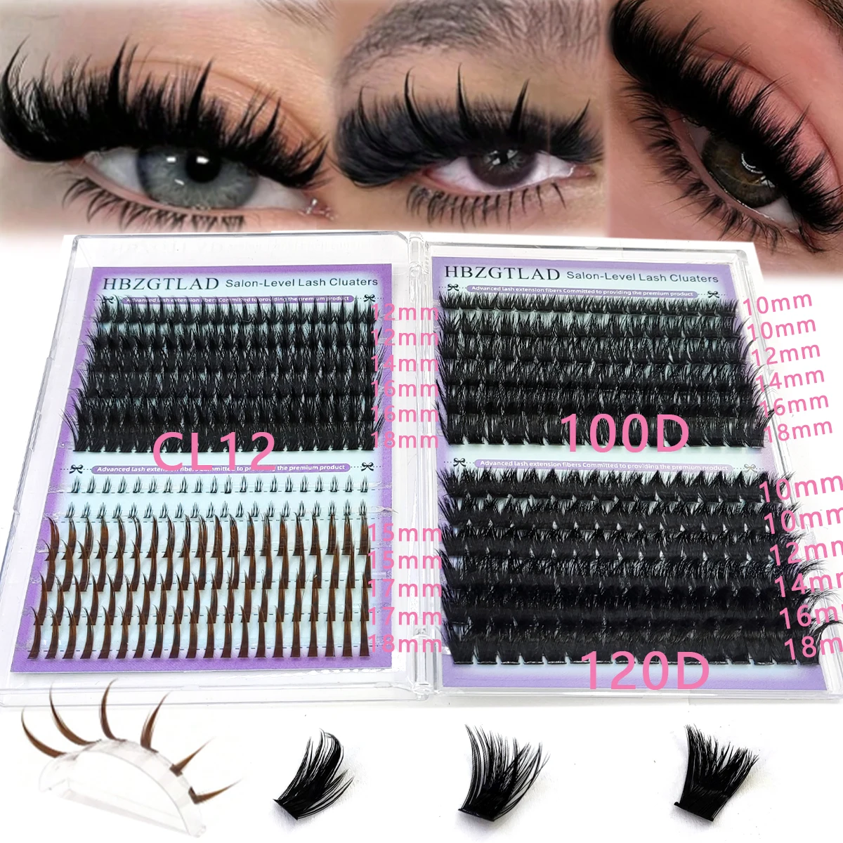 HBZGTLAD 60D-160D Bottom&Black & Brown Spike Eyelash Clusters 9-18mm Thick Fluffy Curly False Eyelash 0.07mm C/D Roll Extended S