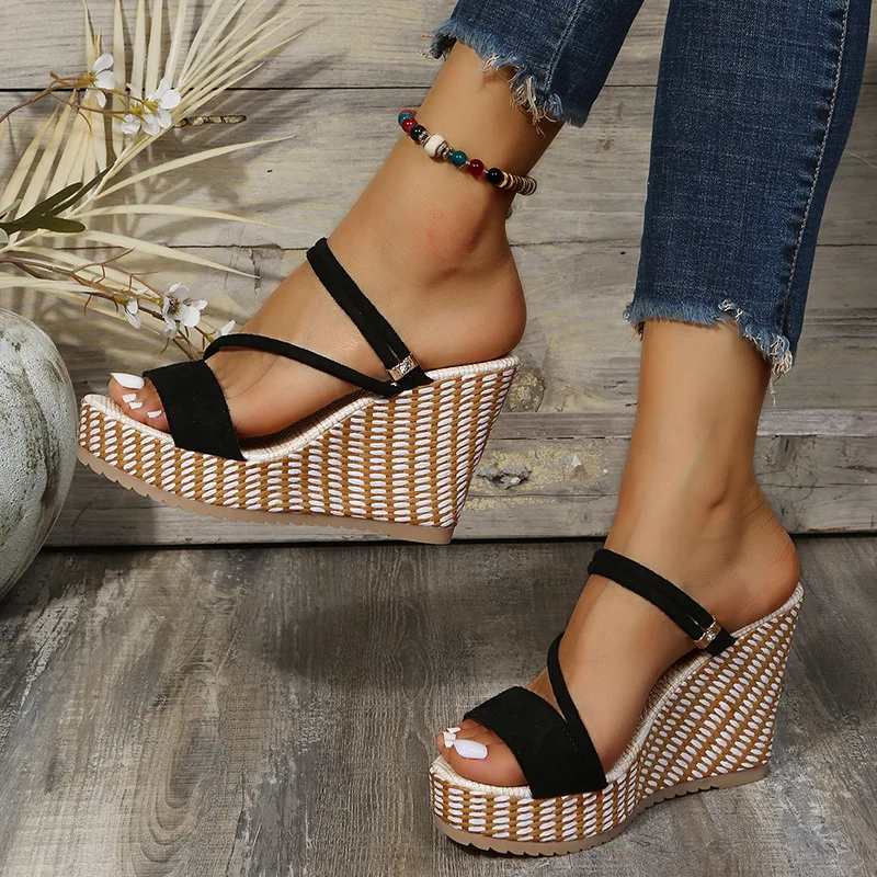 Summer new sandals Women\'s thick soled fashionable casual slope heel  Roman high-heeled shoes sapatos tacones mujer talons