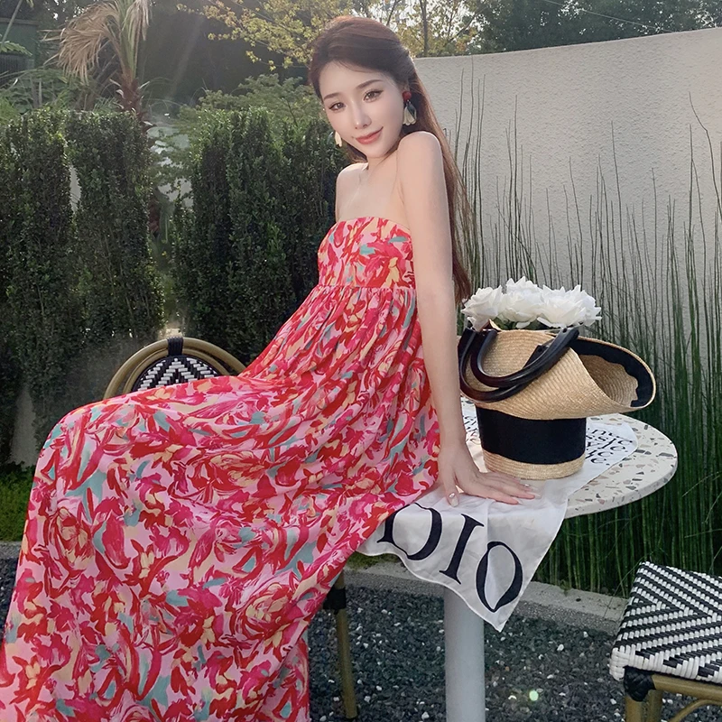 Summer New Printed Oil Painting Feeling French Breasted Flower Pod Dress Long Dresses