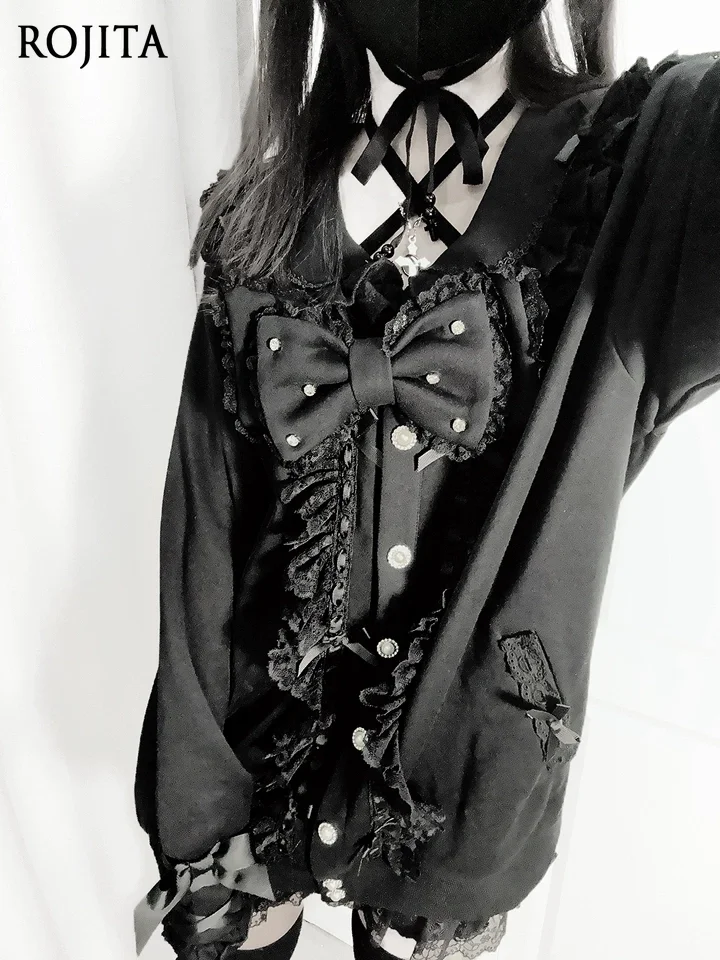 Subculture Ribbon Lace Sailor Collar Bow Jacket Gothic Lolita Oversized Sweatshirt Sweet Harajuku Frilled Collar Sweatshirt