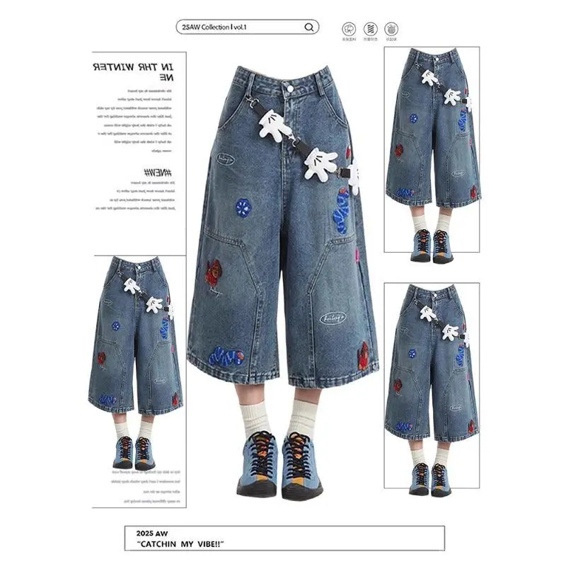 

Women‘s Aesthetic Vintage Embroidery Loose Jeans Summer New Design High-waist Straight Leg Pants Casual Retro Blue Cowboy Pants