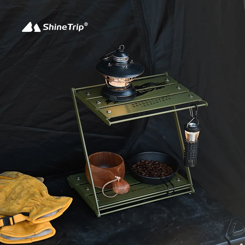 

Outdoor Camping Portable Blackened Shelving Table Aluminum Alloy Double Shelving Tableware Shelving Folding Camping Equipment