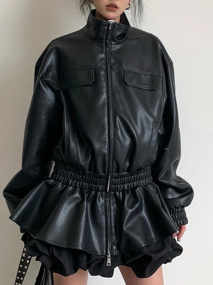 YERMORA Black PU Leather Elastic Waist Ruffles Hem Jacket For Women Long Sleeve Loose New Coat Fashion Tide Spring Autumn 2025