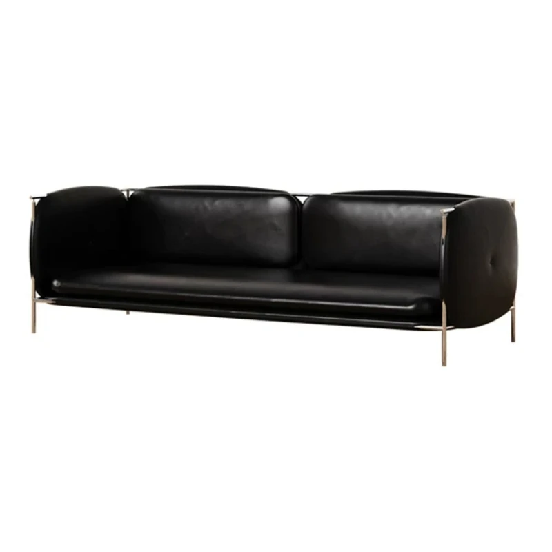 Medieval Bauhaus leather sofa, minimalist three-person straight-line reception black tofu sofa