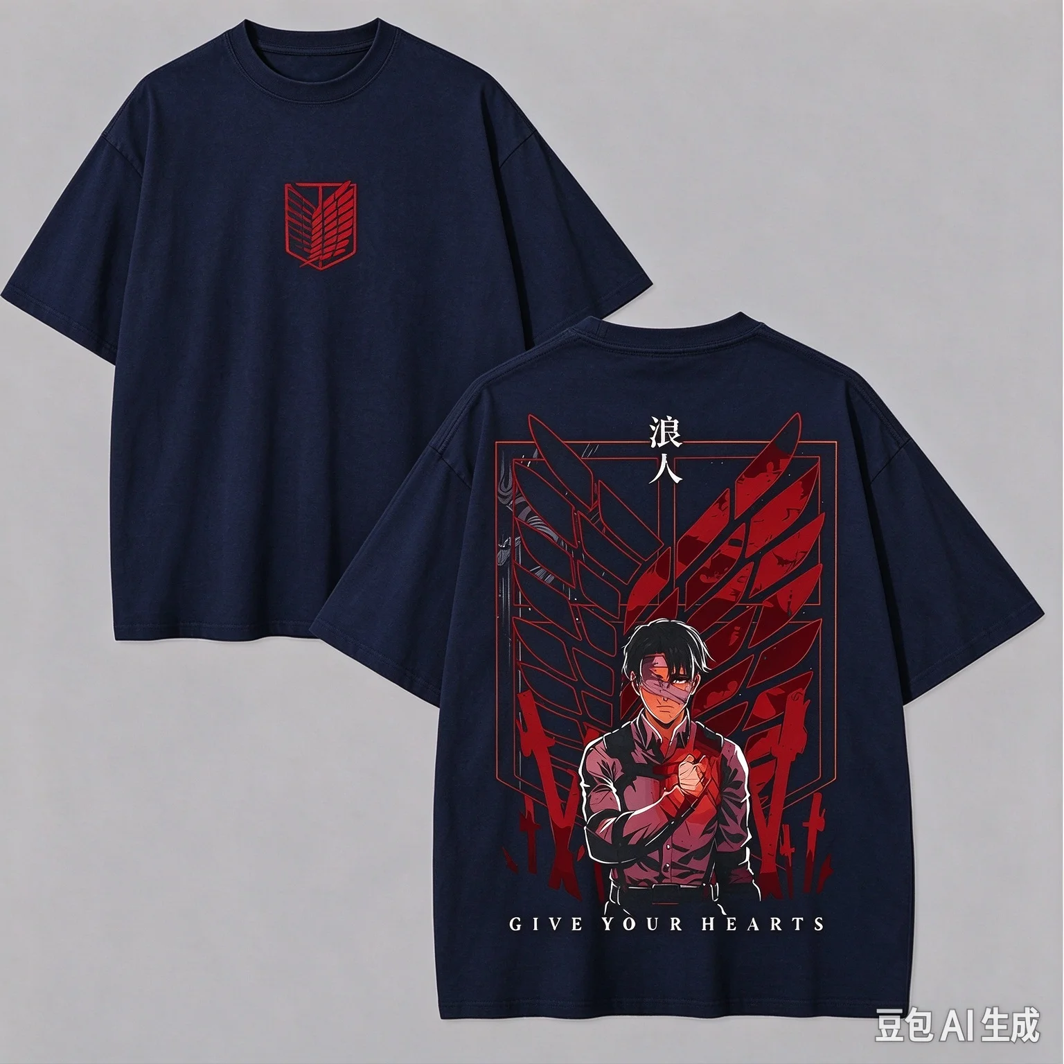 Dual Sided Wing Symbol Anime Character Print Tee Unisex Dark Warrior Red Art Casual Short Sleeve Oversized Graphic T-shirt