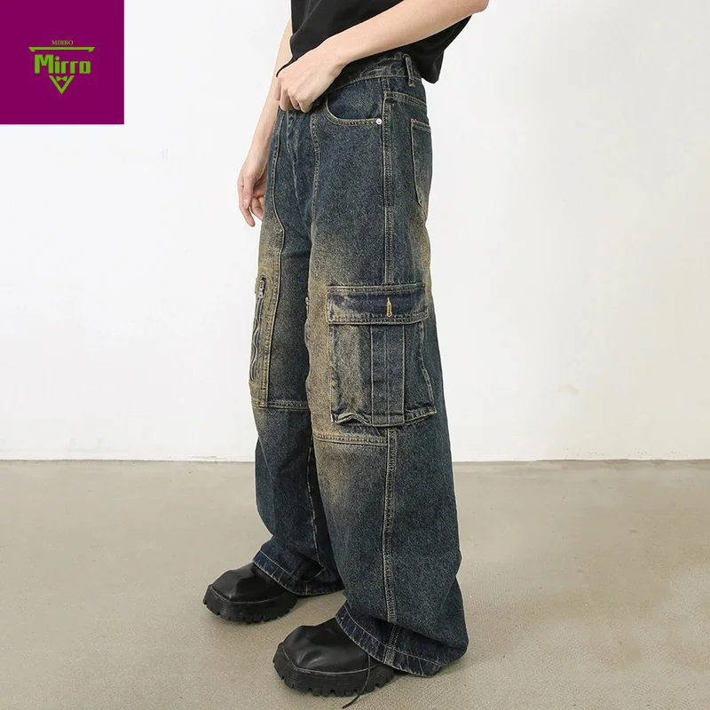 【Mirrordust】Men Vintage Baggy Jeans Blue Loose Straight Denim Pants Multi Pocket Retro Blue Jeans Trousers Male