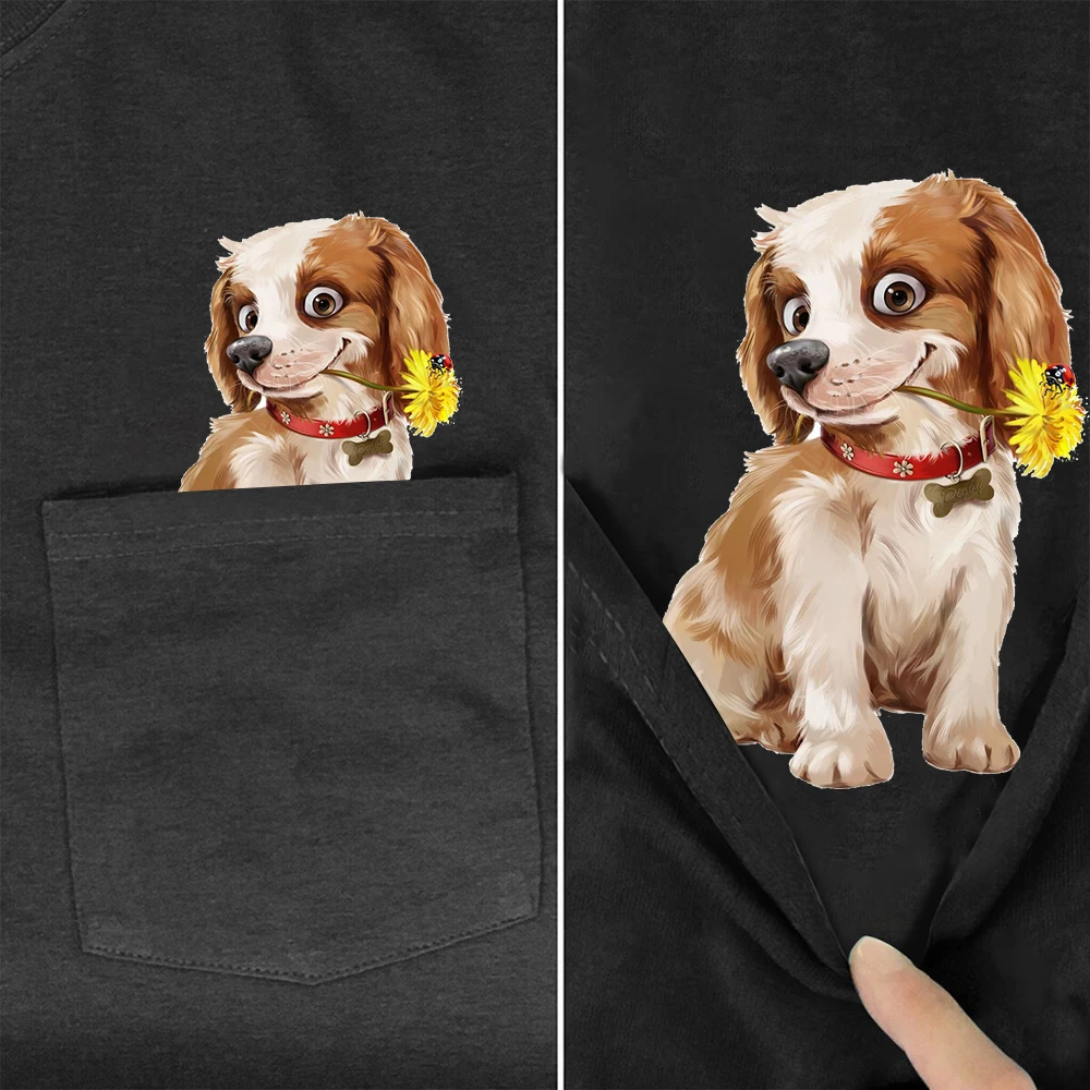 CLOOCL 100% Cotton T-shirts Fashion Cute King Charles Dog Pocket Tops Black Hip Hop Tees O-neck Short Sleeve Woman Tshirts