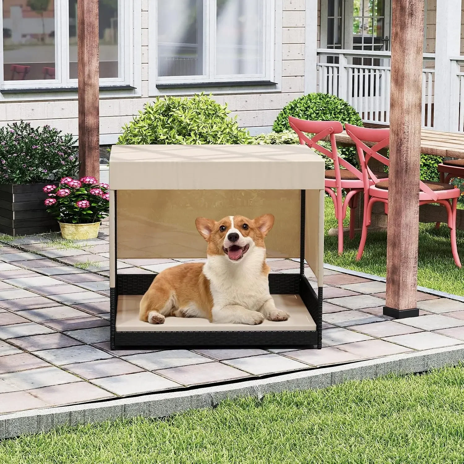 Wicker Dog House Outdoor with Canopy, Rattan Elevated Dog Bed with Cushion for Small & Medium Dogs, Ideal for Deck, Patio