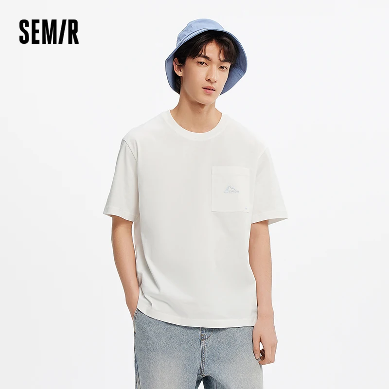 

Футболка Semir с коротким рукавом, мужская хлопковая белая футболка, базовый слой, новинка 2025, летний вязаный топ с карманами и вышивкой для свободных нарядов
