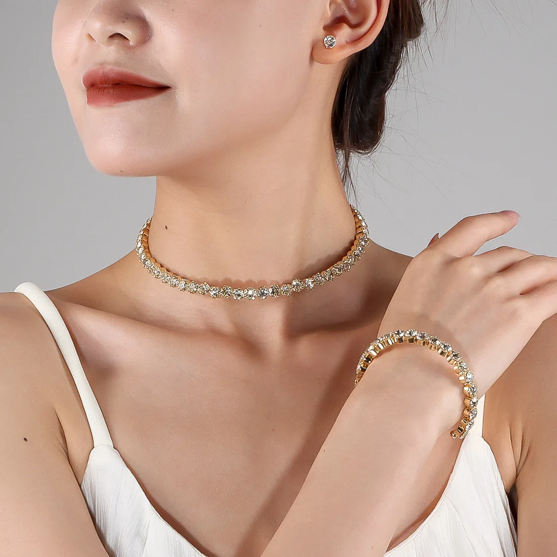 DIY accessories Cross-border fashion round full diamond bracelet stud earrings necklace three-piece Bride jewelry set F25800