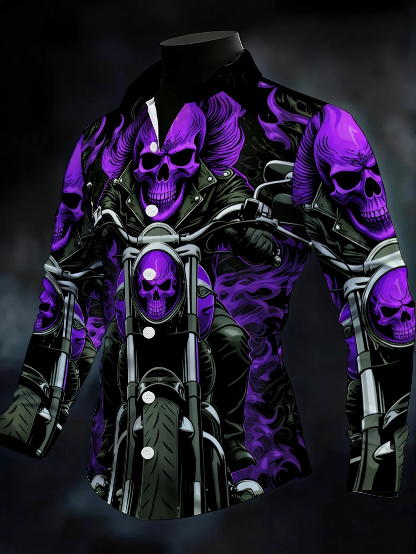 Autumn Men Lapel Collar Shirt Cool Purple Skull Motorbike Flame Graphic Polyester Holiday Long‑Sleeve Top