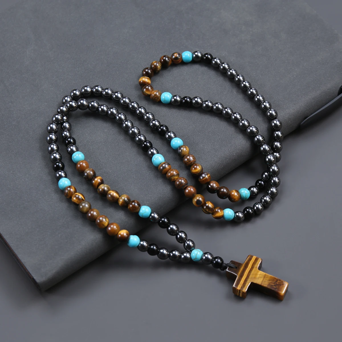 Boho Vintage 6mm Runde Perlen Hämatit Tigerauge Perlen Kreuz Anhänger Halskette für Männer und Frauen – Detail 4