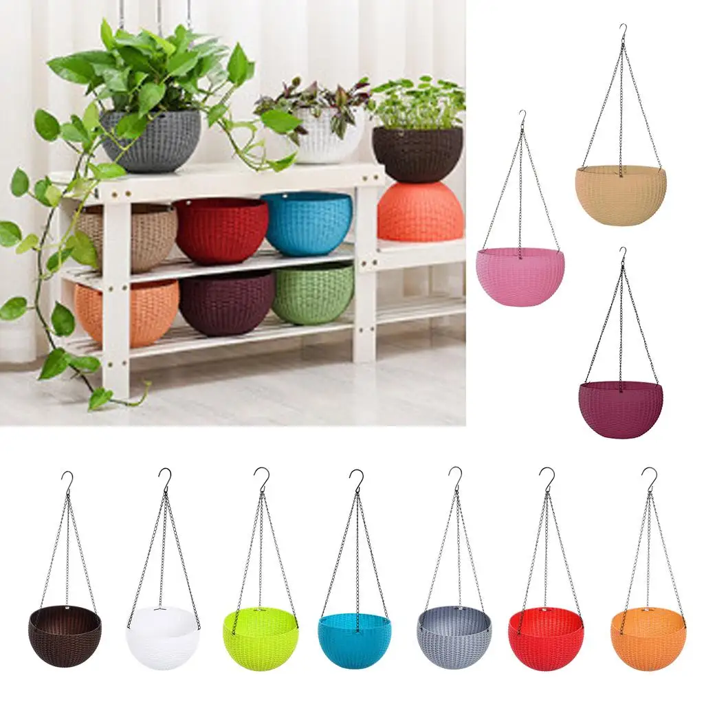سلة سلسلة بلاستيكية مستديرة معلقة زارع معلق الزهور والنباتات، وعاء ديكور زارع معلق مع علبة سقي