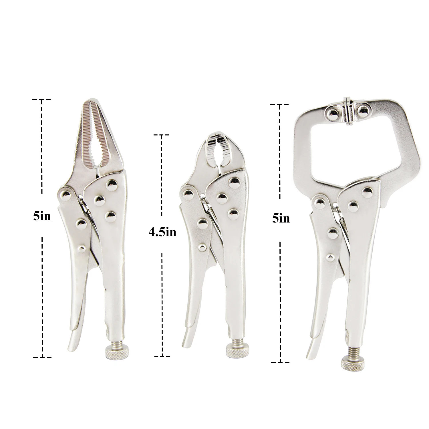 3Pcs Mini Vise Locking Pliers Set 4in. Curved Jaw and 5in. Long Nose and 5 in. C Clamp Assorted Locking Welding Clamp