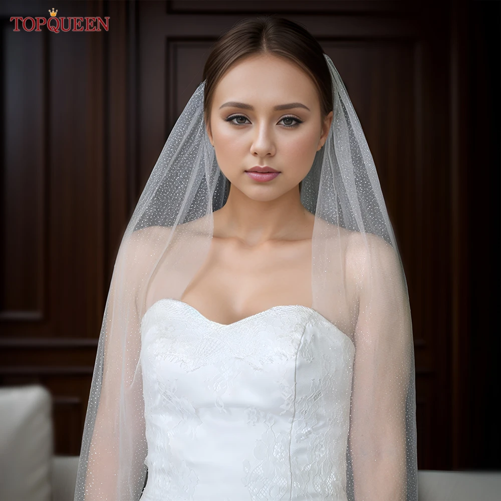 

TOPQUEEN V101 Champagne Glitter Wedding Short Veils Gloden Sparking Bridal Veil Cathedral Length Bling Bling Bride Accessories