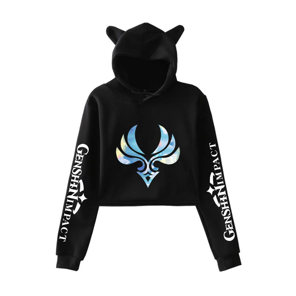 

Anime Hoody Genshin Impact Print Crop hoodies women Cat ears Exposed top Hooded Sweatshirt Hip Hop Clothes hoodies for women