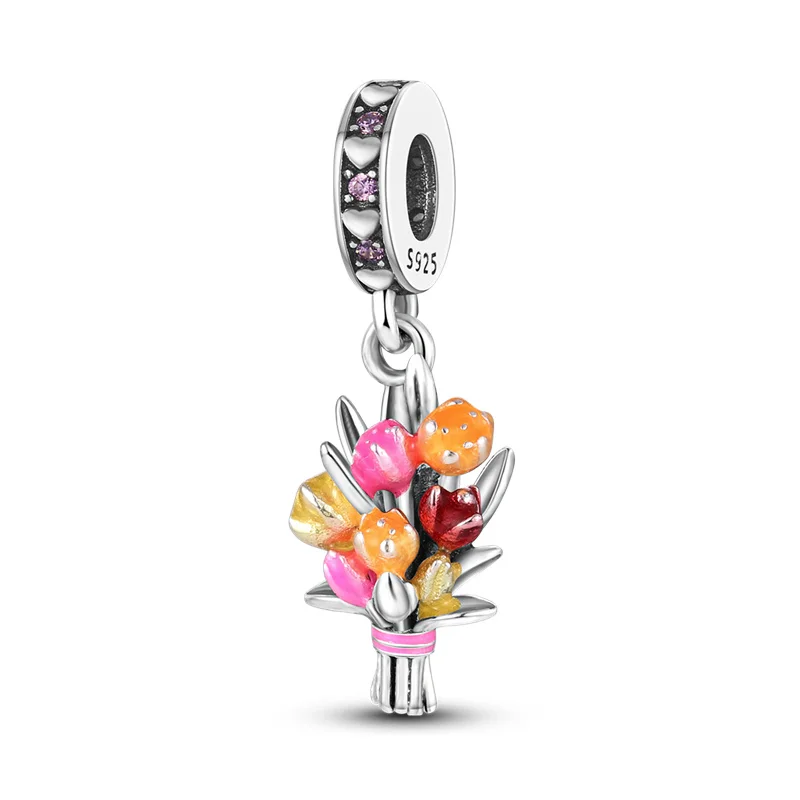 925 Sterling Silver Carnation Charms Beads Zircon Dangle Fit Original Bracelet DIY Women Birthday Anniversary Jewelry Gifts