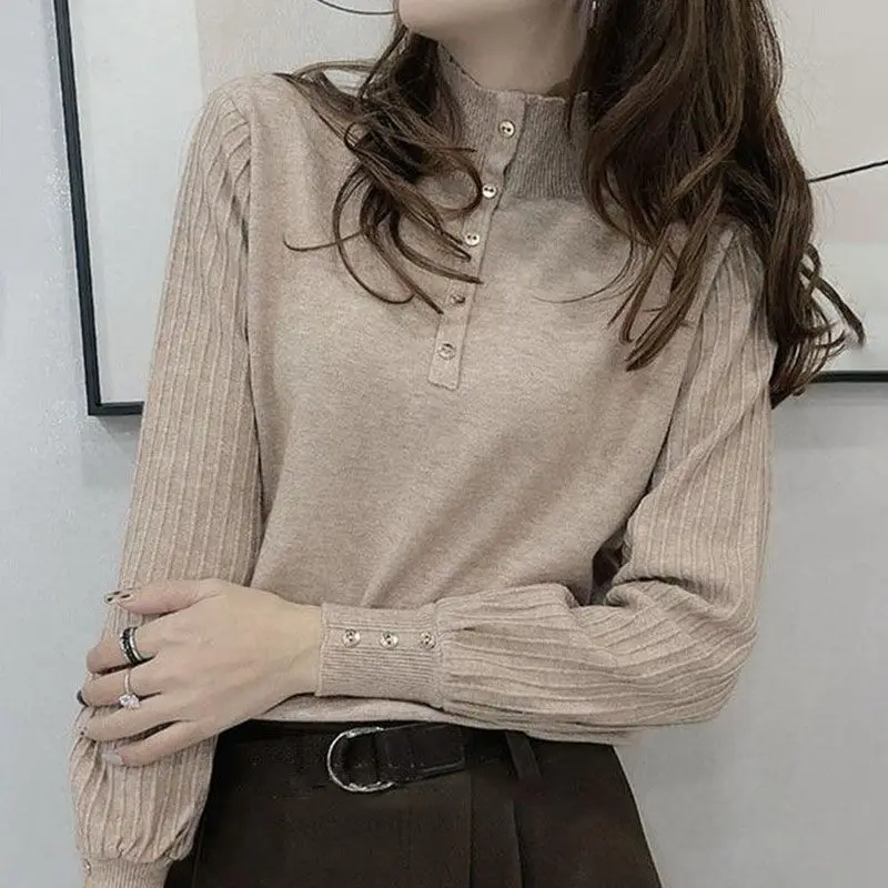 2023 Autumn Winter Solid Color Stylish Button Half High Collar Jumpers Female Clothing Commute Basic Korean All-match Sweaters