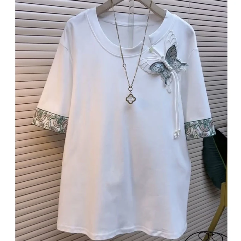 

Футболка большого размера из чистого хлопка с вышивкой бабочки и короткими рукавами, новые летние свободные топы в китайском стиле, модная одежда для женщин