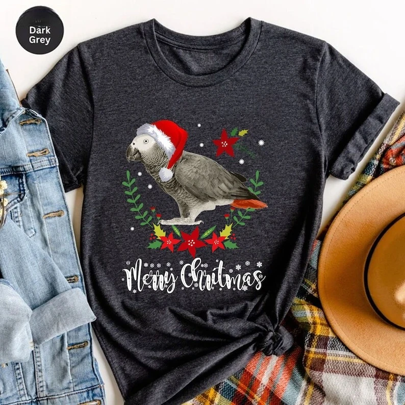 面白い灰色のオウム クリスマス アフリカ柄 鳥愛好家へのギフト BirbXmas グラフィック Tシャツ ユニセックス 通勤 オールマッチ カジュアルスタイル Tシャツ