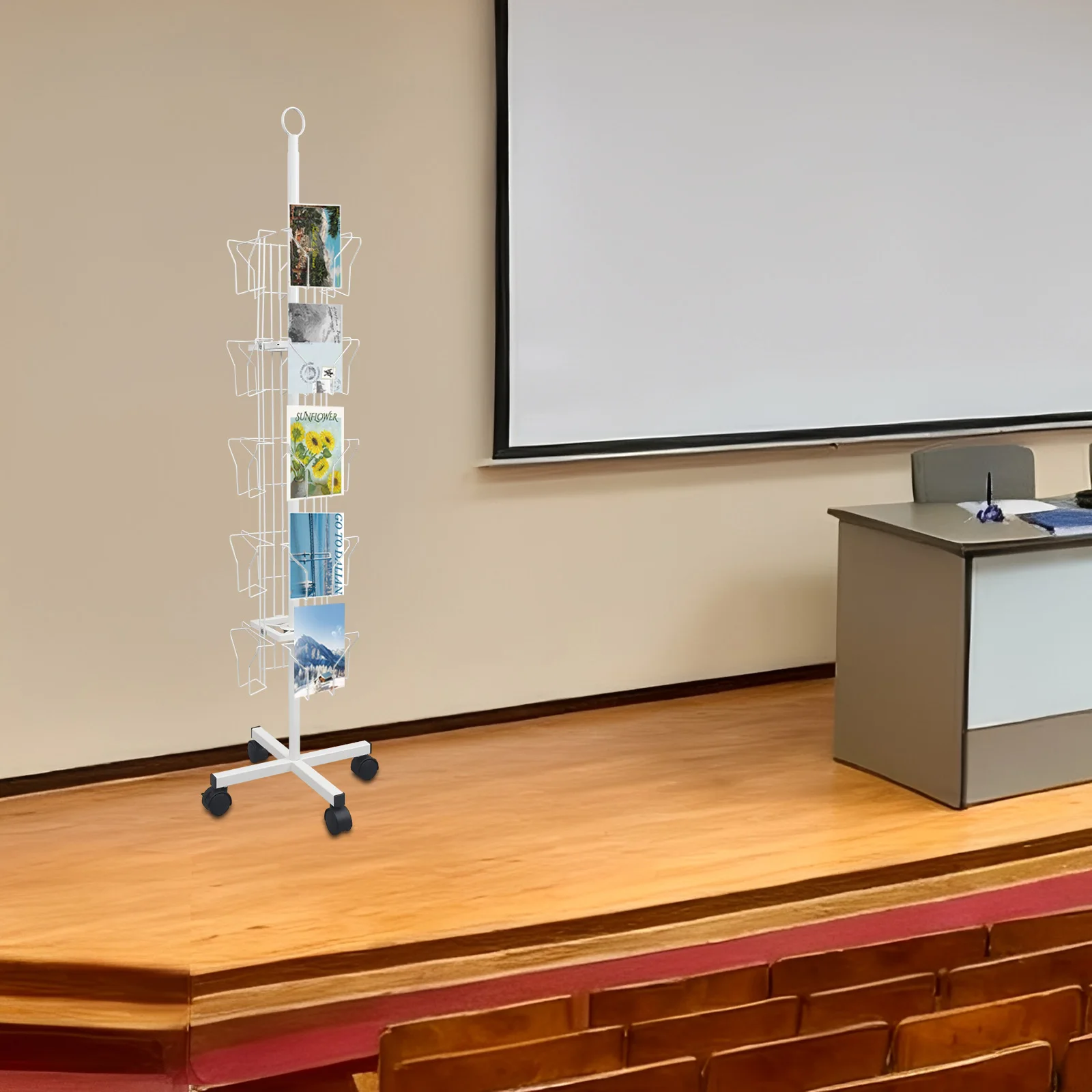 ชั้นวางการ์ดแสดงผลแบบหมุนได้ห้าชั้น ทำจากเหล็กแผ่นรีดเย็นสีขาว ขนาด 1.52 เมตร พร้อมล้อเลื่อน