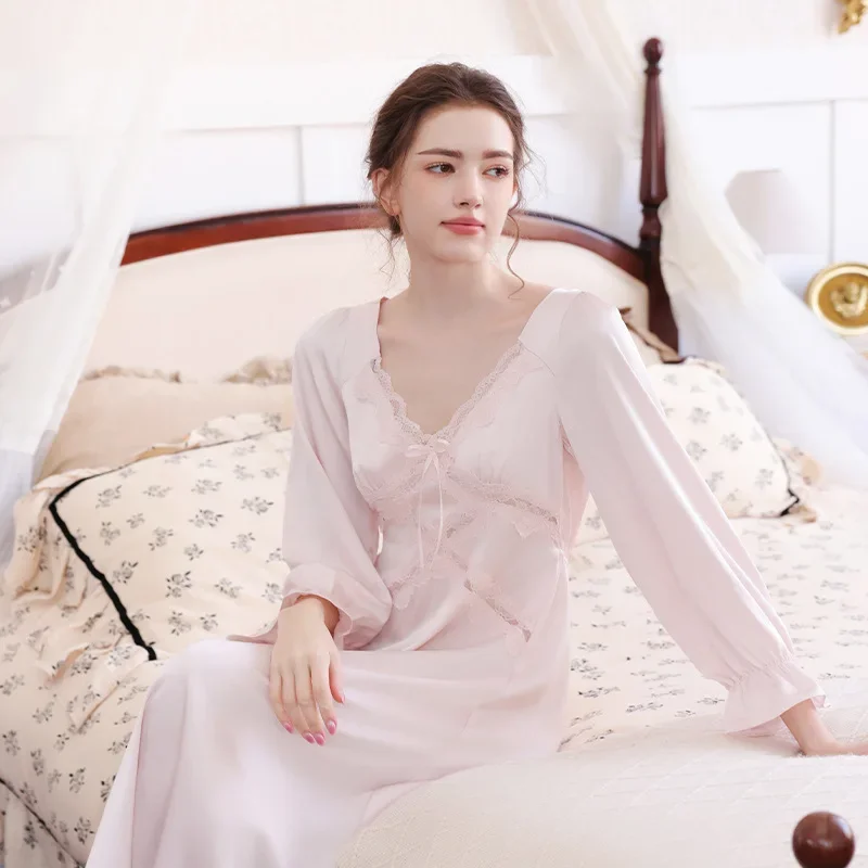 

Женская ночная рубашка с v-образным вырезом и длинным рукавом, кружевное платье, нижнее белье, атласная пижама из искусственного шелка, ночная рубашка, нижнее белье, одежда для сна, платье