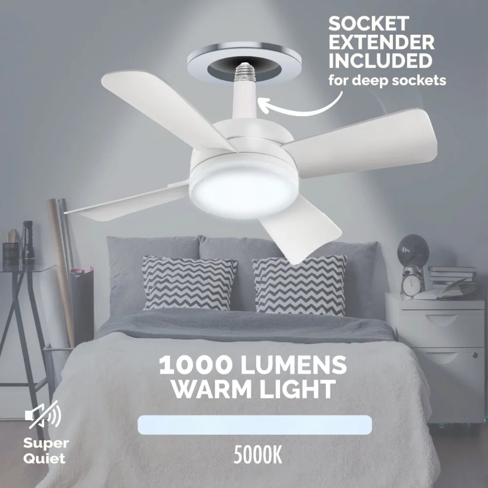 Soquete Fan com Luz, 15 "Fan, 1000 Lumens Light, Controle remoto, 4 Blade, Ventilador de teto doméstico