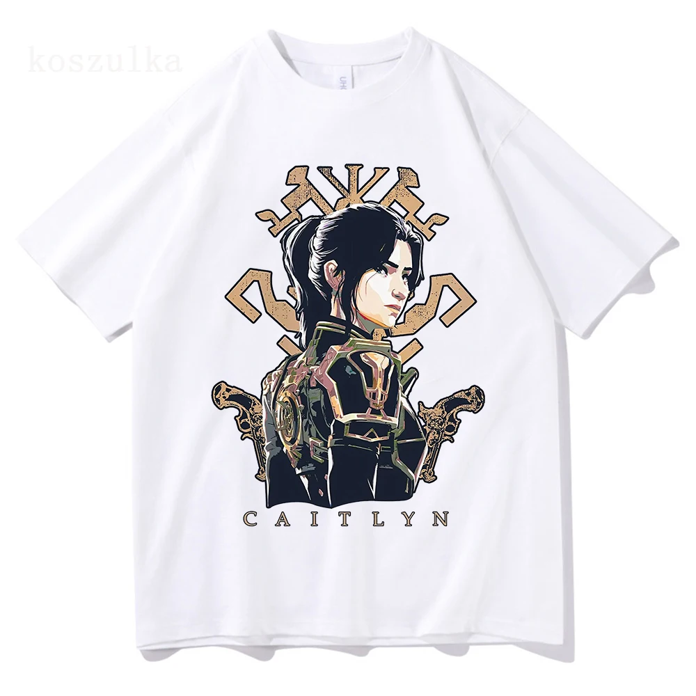 Arcane T shirt Caitlyn Kiramman T-shirts O-Neck Unisex Pure Cotton Fashion Fans Short Sleeve Shirts Gift Vintage Streetwear Tops