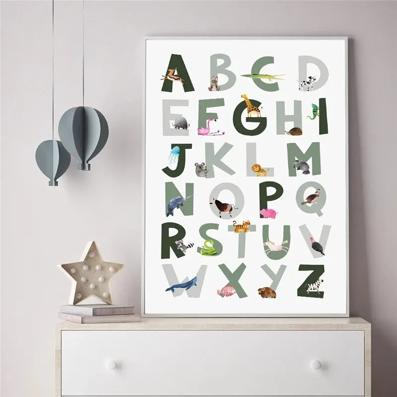 Boho Nursery Animal Alphabet Wall Art  Educational ABC Canvas Poster  Kids Room Decor  Baby Gift Print Picture