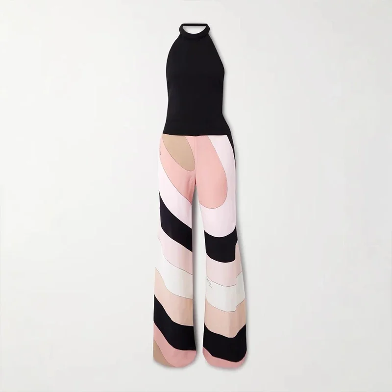 Tuta lunga patchwork stampata moda donna 2025 Elegante pagliaccetto con tasca al collo appeso Tuta dritta scavata senza schienale sexy