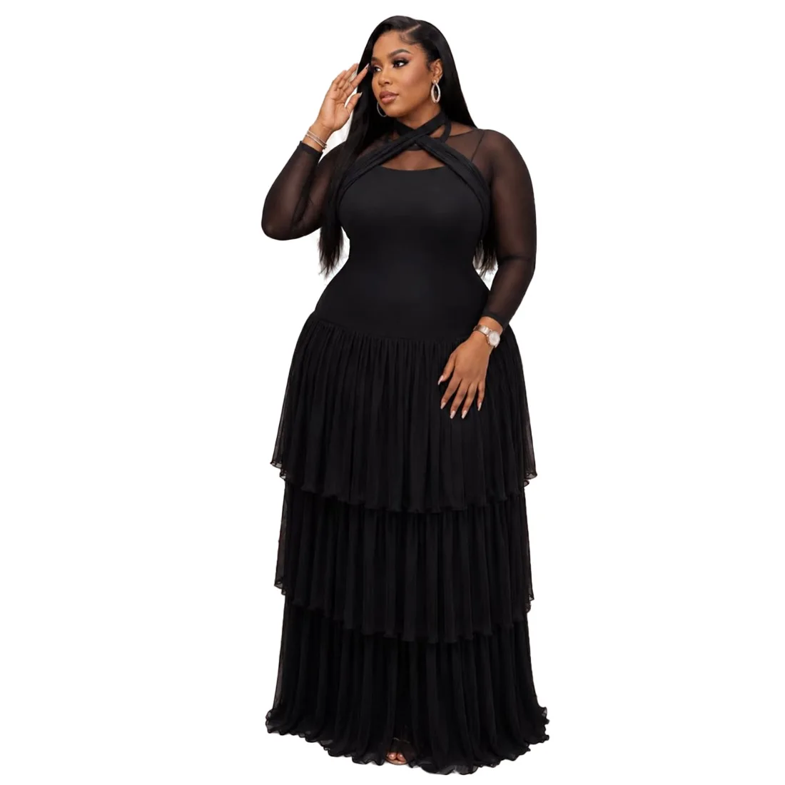 8211 Women's Solid Color Clothes, Waist-cinching Slimming Long-sleeved Long Clothes Dresses For Women Prom Sexy Lace Robe