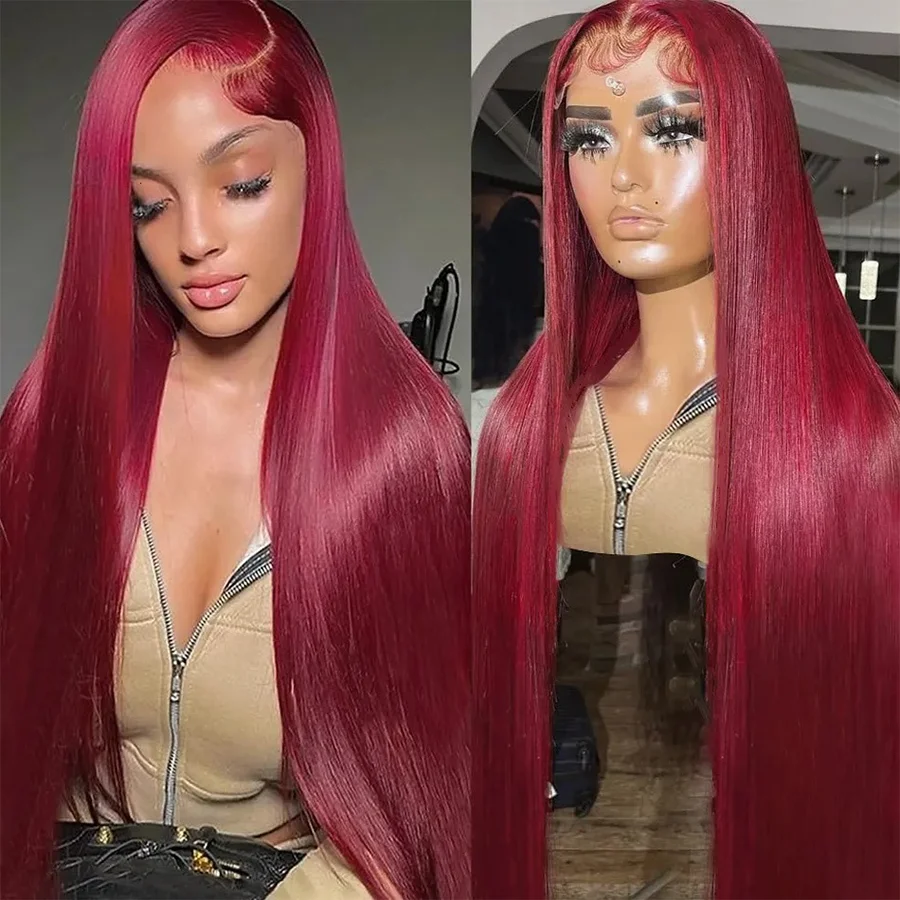 

250 Density Transparent HD 99J Burgundy 13x4 Lace Frontal Wig Pre Plucked With Baby 13x6 Bone Straight Red 100% Human Hair Wigs