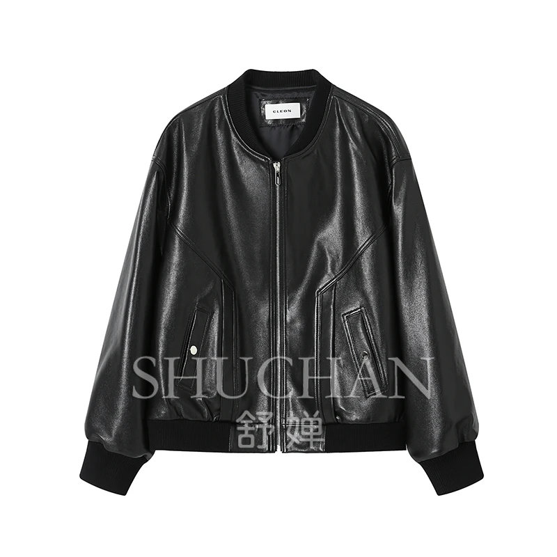 new Brown cowhide, semi-vegetable tanned sheepskin autumn loose leather jacket women's loose2025
